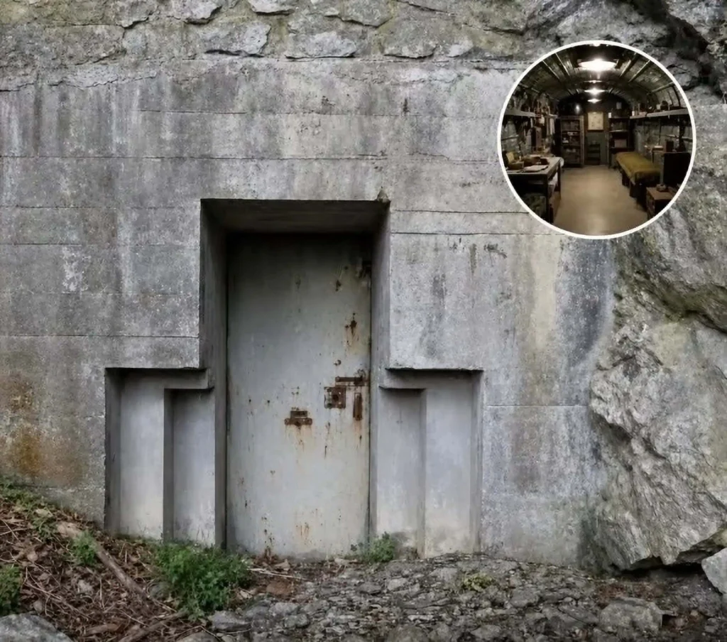 What Switzerland’s Bunker System Can Teach Americans About Preparedness 1 Concrete Swiss bunker entrance built into rock with inset photo of an interior civil defense shelter