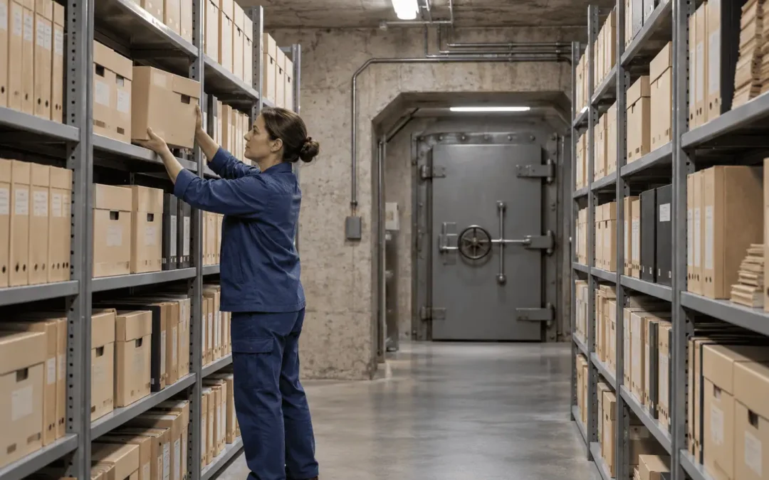 Staff member placing an archival box on metal shelves inside a concrete bunker with a heavy steel door.